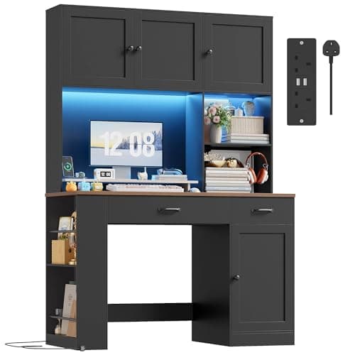 Image of FirFurd Black Desk with Drawers Computer Desk with Storage Shelves, Power Outlet & LED Lights, Study Table, Dressing Table Home Office Workstation Wooden Furniture 120x50x180cm Black+Brown
