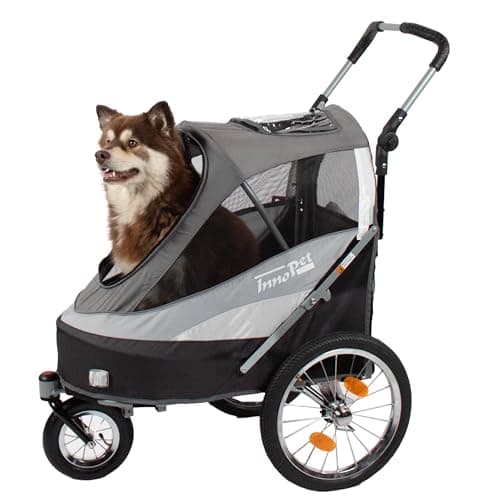 Image of InnoPet Sporty Dog Trailer Deluxe - Black/Silver 2-in-1 Dog Stroller & Bike Trailer with Rain Cover, for Pets up to 30kg, Safety Reflectors, Flag, and Storage Pocket - Bicycle Tow Bar and Connector