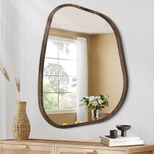 Image of HLFMVWE Asymmetrical Mirror Irregular Wall Mirror Modern Wood Frame Unique Shape Wall Mounted Vanity Oval Decorative for Living Room Bedroom Bathroom Entryway Hallway 50 x 40CM