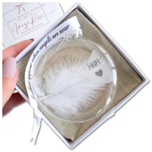 Image of Mum Feather Memorial Bauble Personalised Glass Round Gift Boxed Christmas Tree Decoration Handmade Keepsake
