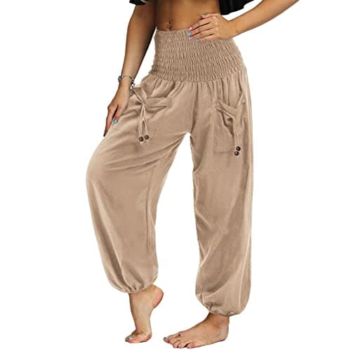 Image of Nuofengkudu Women's Pleated Hight Waist Trousers with Pockets Loose Retro Plain Lightweight Hippie Bloomers Harem Yoga Pants Comfy Leisure Lounge Wear Summer Holiday Streetwear Apricot S