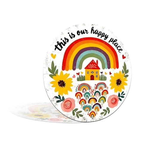 Image of This Is Our Happy Place Metal Funny Aluminum Sign Wall Decor for Living Room, Bedroom, Cafe - 8x8 Inches Cheerful Wall Art with Rainbow & Home Design (25212)