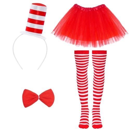Image of jerbro 4pcs Cat Costume Tulle Tutu Skirts Top Hat Headband Bowtie Striped Tights for World Book Day Costumes Halloween Cosplay Dress Up Party (Red)