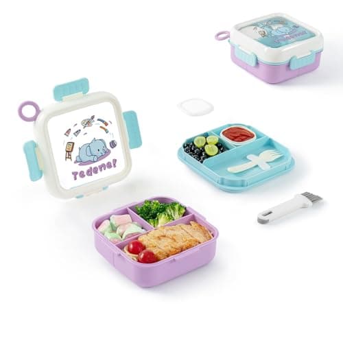Image of SAYAPE Bento Box for Kids Adults – Cute Cartoon 2-Layer Lunch Box with Fork, Sauce Cup & Brush, BPA-Free, 3-Compartment Square Snack Container with Handle for School, Office, or Travel (Purple)