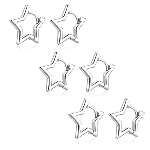 Image of 3 Pairs Sterling Silver Star Hoop Earrings - Hypoallergenic Simple Cartilage Design for Women and Girls - Birthday Gift
