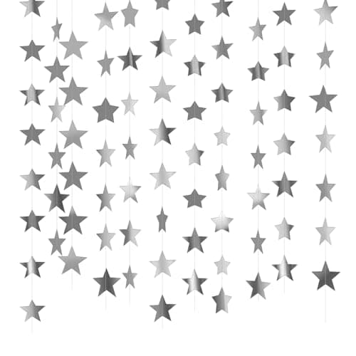 Image of PLUSHCEWT 39 Feet Reflective Star Paper Garland,3 Pack Paper Garland Decorations Glitter Star Garlands Banner Silver Hanging Decoration Party Garlands Streamer kit for Birthday Wedding Party Backdrop