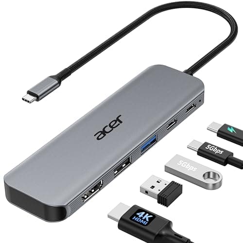 Image of acer USB C Hub 5-in-1, USB-C to HDMI 4K@60Hz, USB-A+USB-C 5Gbps Data, PD 100W Charging Port, Aluminium Multiport Splitter Adapter for iPhone 17/16, MacBook iPad Pro/Air, Mac mini M4, Surface, S26.