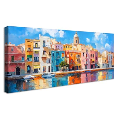 Image of Wooden Framed Large Canvas Wall Art Colourful Houses Painting on Canvas Prints Poster Seaside Town Blue Sky Seacape Pictures for Living Room Bedroom Restaurant Wall Decor Ready To Hang 50x120cm