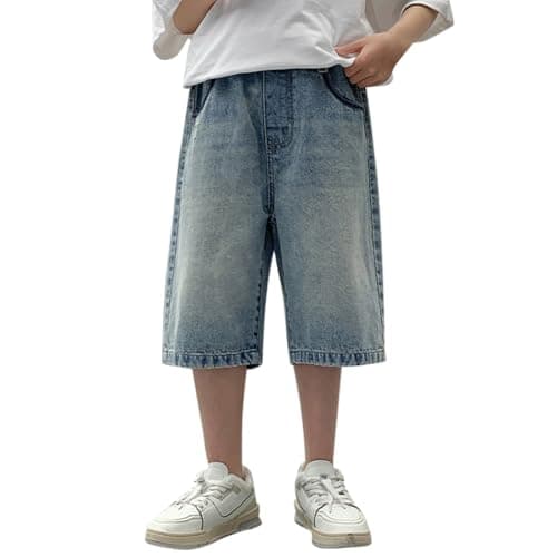 Image of Baggy Jean Shorts for Boys Elastic Waist Loose Fit Straight Leg Denim Shorts Skater Beach Bermud𝐚 Jorts (Light Blue, 13-14 Years)