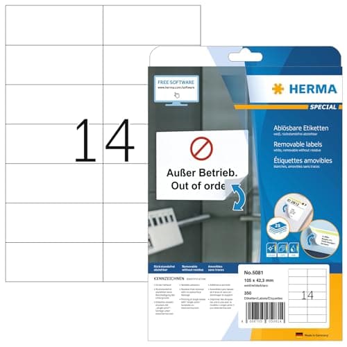 Image of HERMA Self Adhesive Removable Labels, 14 Labels per A4 Sheet, 25 Sheets, 105 x 42.3 mm, 350 Labels, Blank Multipurpose Labels Stickers, Sticky Labels for Laser & Inkjet Printer, White