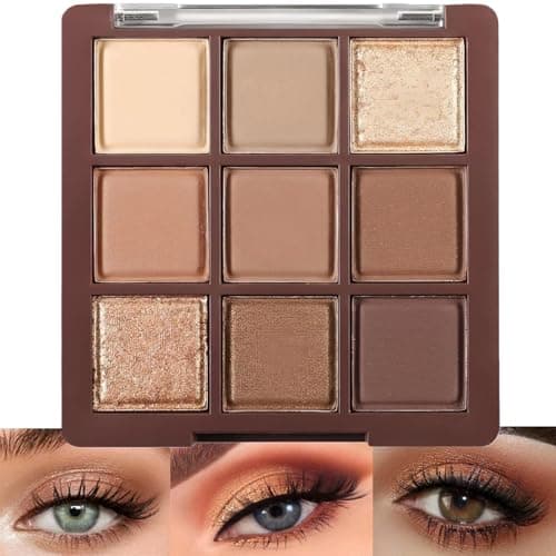 Image of Brown Eyeshadow Palette, Eye Shadow Pallets for Women, 9-Color Matte Shimmer Glitter Neutral Makeup Palette with Nude Gold Eyeshadow, Highly Pigmented Cream Eyeshadows with Bronzer & Contour