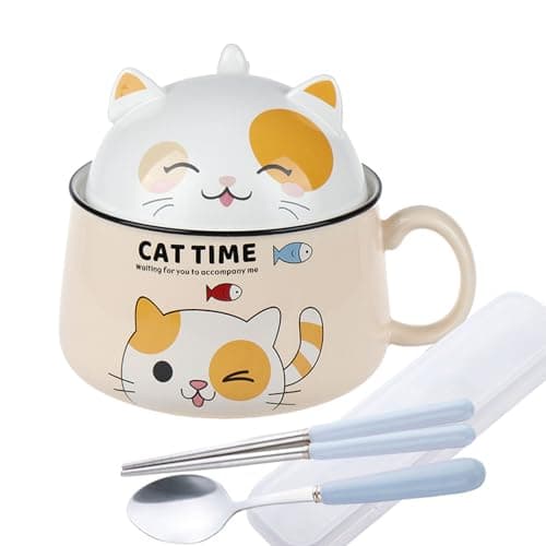 Image of Cute Ramen Bowl with Handle and Lid,Ceramic Instant Noodle Bowl with Spoon & Chopstick,1020ml Large Ceramic Soup Bowls for Soup, Udon Pasta Salad Cereal,Microwave & Dishwasher Safe