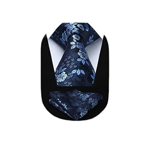 Image of HISDERN Navy Blue Ties for Men Wedding Tie and Pocket Square Set Elegant Floral Tie Silk Necktie & Handkerchief Sets Party Business