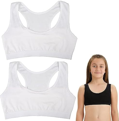 Image of UICCVOKK 2 Pack White Sports Bra for Girls, 9-14 Years, Non Padded Crop Top, Cotton