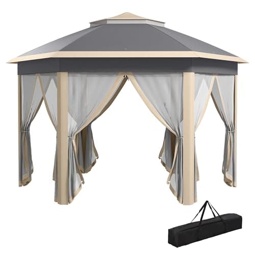 Image of Outsunny 3 x 4m Garden Gazebo Hexagon Pop Up Gazebo Party Tent Canopy Double Roof Instant Shelter with Netting and Carry Bag for Outdoor Patio, Khaki