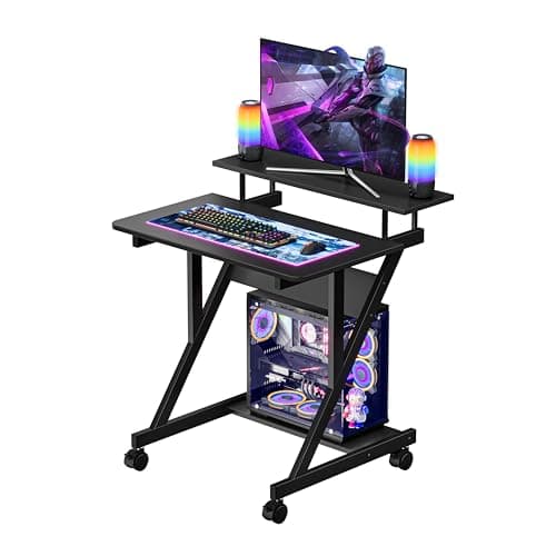 Image of Dripex Computer Desk with Monitor Shelf - Mobile Z Shaped Home Office Desk with Storage Shelves and Movable Wheels for Small Spaces, Compact Corner Desk Space-Saving, Black