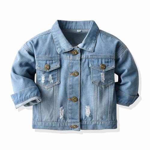 Image of Girls Denim Jacket Western Style Outfits Toddler Stylish Kids Ripped Distressed Jeans Coats Washed Classic Trucker Biker Outerwear Casual Lightweight Bomber Jackets Age 5-6 Years Light Blue
