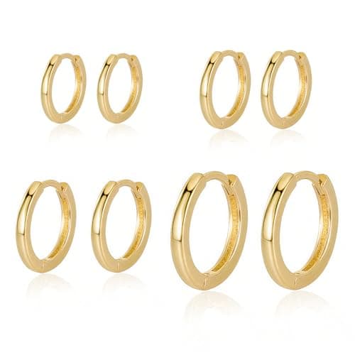 Image of 4Pairs Hoop Earrings Set for Women, Dainty 14K Gold Plated Small Sleeper Hoops Earrings, Gold Hoop Earrings Hypoallergenic Huggie, Cartilage Earrings for Set Women Men(6mm 8mm 10mm 12mm)