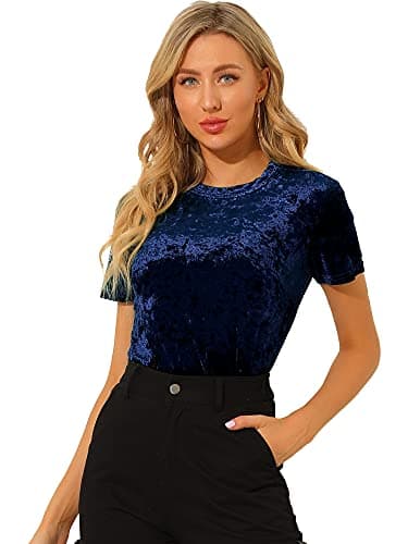 Image of Allegra K Women's Christmas Velvet Top Crew Neck Short Sleeve Casual T-Shirt, Royal Blue, M