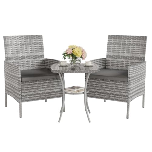 Image of UDPATIO Garden Furniture Set 3 PCS Rattan Patio Conservatory Outdoor Bistro Set Patio Weave Companion Chair Table Set Grey