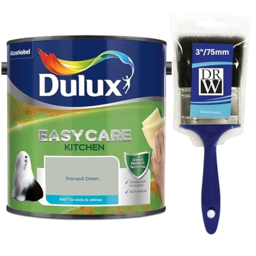Image of Tranquil Dawn Dulux Easycare Kitchen Matt Emulsion Paint 2.5L + 3" Emulsion Paint Brush – Grease & Stain Resistant, Washable Matt Finish, Durable Interior Paint for Kitchen Walls & Ceilings