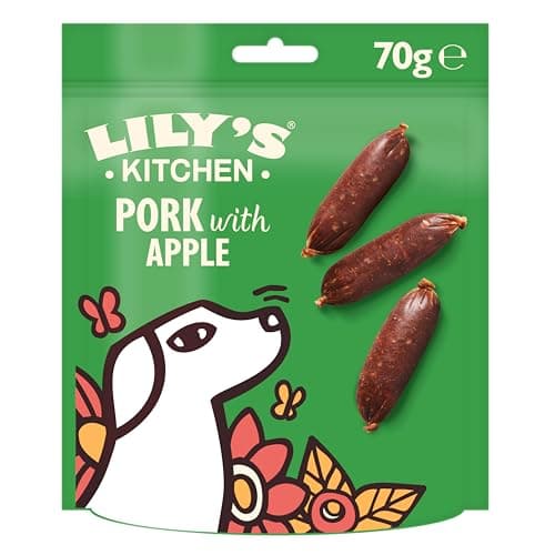 Image of Lily’s Kitchen Made with Natural Ingredients Adult Dog Treats Packet Cracking Pork with Apple Sausages Grain-Free Recipes 8 x 70g