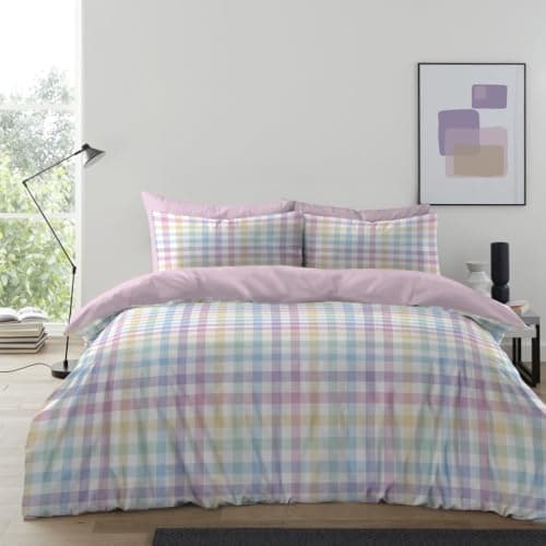 Image of Lions Muticolor Gingham Bedding - 100% Polyester - Double Bed Size Checked Duvet Cover Set with Matching Pillowcase, Soft Microfibre Reversible Printed Quilt Covers, 200x200cm