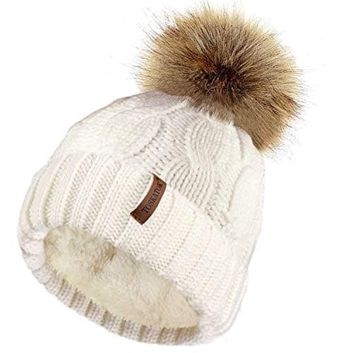 Image of TOSKATOK Ladies Chunky Soft Cable Knit Hat with Cosy Fleece Liner and Detachable Faux Fur Pompom-Cream