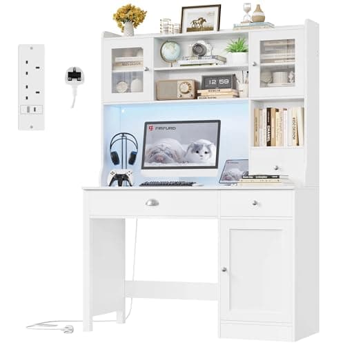 Image of FirFurd Computer Desk with Drawers White Desk with Storage Shelves, Power Outlet & LED Lights, Dressing Table, Office Writing Table for Home Office Furniture Wooden 120x48x165cm