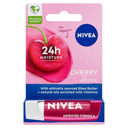 Image of NIVEA Cherry Shine Lip Balm (4.8g), Flavoured Lip Balm with Shea Butter, Natural Oils and Vitamins, Provides 24h Moisture and a Soft Red Shine, Vegan Lip Care Formula