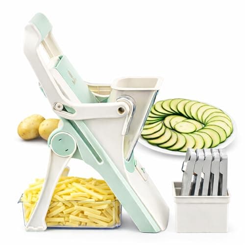 Image of Brieftons Safe Mandoline Vegetable Slicer with 5 Removable Blades to Slice, Julienne, Chip, Chop, Dice Veggies/Fruits, Injury-Free Design, with Catch Container, Cleaning Brush, 5 Recipe Ebooks