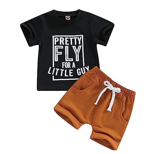 Image of Xumplo Toddler Baby Boy Summer Clothes Infant Boys Short Sets Letter Print T-shirt Short Sleeve Outfits Crew Neck Tops Shorts with Pocket Black 6-9 Months