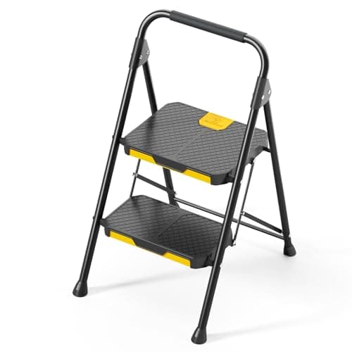 Image of KINGRACK 2 Step Ladder, Sturdy Steel Step Stool with Safe-Lock Design, Handrail, Anti-Slip Wide Pedals, Folding Portable Ladder for Multi-Purpose, Home, Kitchen, Black