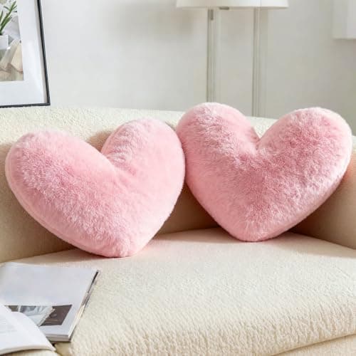 Image of Rilcn 2 Pack Pink Heart Pillows – 46x36cm Washable Soft Fluffy Decorative Cushions, Cute Fuzzy Throw Pillows for Bedroom, Living Room, Sofa, Bed, Chair, Valentine’s Day Gift