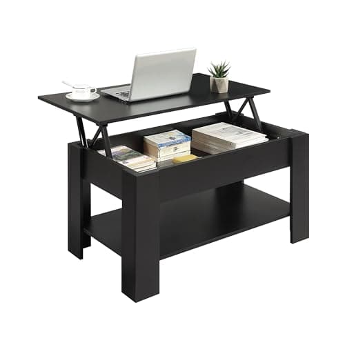 Image of Home Treats Wooden Coffee Table Lifting Space Saving Storage Shelf | Lift Up Coffee Table Top For Living Room Office Entryway (Black)