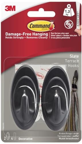 Image of Command Slate Terrace Hooks, Pack of 2 Hooks 4 Medium Adhesive Strips - Damage Free Hanging - Holds up to 1.3kg