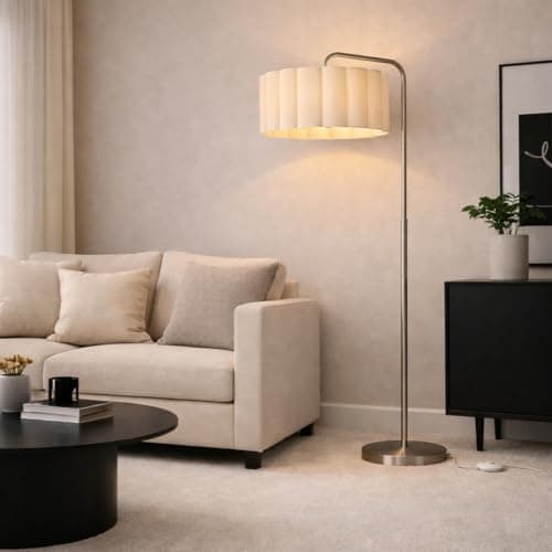 Image of CGC Lighting Indoor Floor Lamp Brushed Satin Nickel Angled Corner Standing Reading Light and Lampshade Living Room Lounge (Cream Lampshade)