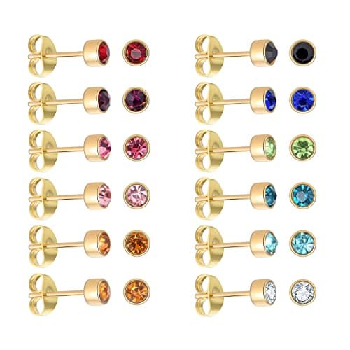 Image of 12 Pairs 18K Yellow Gold Plated Surgical Stainless Steel Stud Earring, CZ Stud Earrings for Women, Cubic Zirconia Birthstone Stud Earrings Set 4mm (Round 4mm)