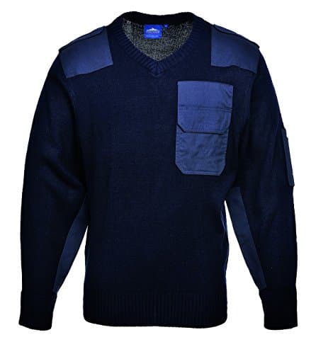 Image of Mens Army Pullover Security Military Jumper Knitted Sweater V Neck With Shoulder Epaulettes And Elbow Patches (Small, Navy)