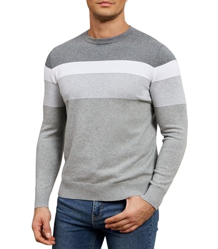Image of Genfien Men's Crew Neck Jumper Classic Autumn Knitwear Sweater Lightweight Striped Knitwear Sweater Autumn 100% Cotton Grey