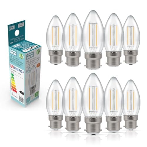 Image of Crompton Lamps Filament Candle LED Light Bulb BC-B22d | 2.5W = 25W Equivalent | Cool White 4000K | Energy Efficient | Bayonet Lightbulb | Long Life 15000-Hrs | Clear Glass | Dimmable | 10-Pack