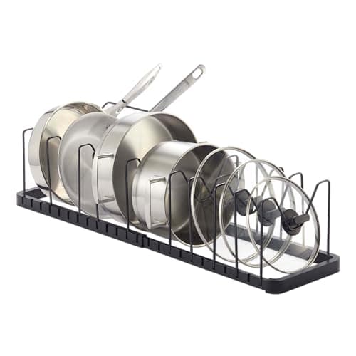 Image of Yamazaki 3841 Tower Extendable Pot Lid & Pan Holder, Black, ABS Resin/Steel, Minimalist, 45～82 x 20 x 17.5 cm
