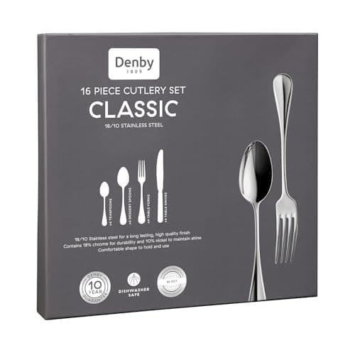 Image of Denby Classic Cutlery Set - 16 Piece 18/10 Stainless Steel Flatware - Traditional Design with Mirror Finish - Dishwasher Safe Tableware - Knife, Fork & Spoon Set - Everyday Dining Set
