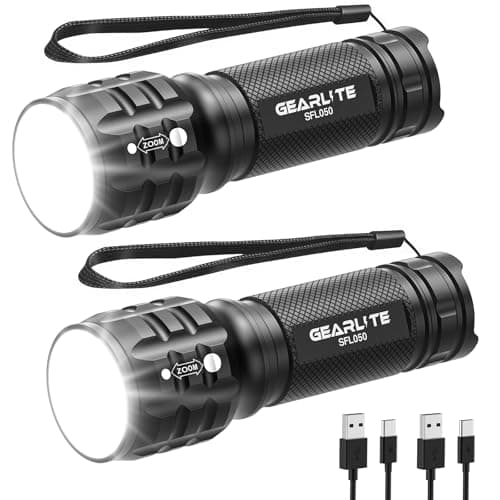 Image of GEARLITE Rechargeable Torch 2 Pack, 2000LM Torches LED Super Bright Adjustable Focus, Waterproof Small Torch with 3 Lighting Modes, LED Torches for Dog Walking, Emergency, Power Cut, Gift for Dad Him