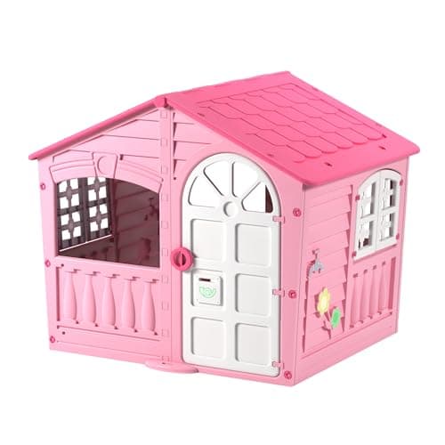 Image of Palplay Plastic Playhouse, House of Fun, Indoor and Outdoor Playhouse, UV Resistant, Playhouse for Girls and Boys, Imagative Fun, Suitable for Ages 2+, Pink and White, 130 x 111 x 115cm