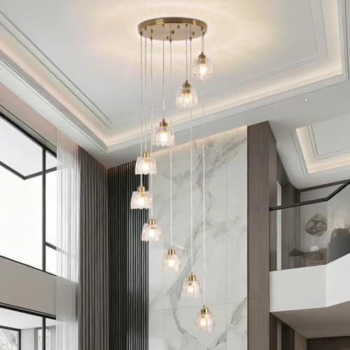 Image of YPQXYHDA Modern 9 Light Glass Long Pendant Light, Gold Chandeliers for High Ceilings Staircase Hanging Light Adjustable Drop Kitchen Island Light Foyer E27 Bulbs Not Included for Stairwell, Entryway