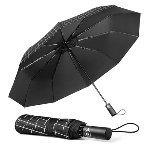 Image of TechRise Umbrella Compact Windproof Travel Umbrellas: Easy Auto Open Close, Strong Fiberglass Frame, Durable Folding Lightweight Portable Automatic Backpack Umbrella for Men and Women, 10 Ribs