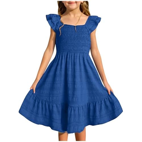 Image of Girls Ruffles Sleeve Square Neck Smocked Dress Solid Bottoms Swing Flowy Pleated A-Line Dresses Clothes Kids Baby Girls Summer Casual Short Skirts Lightweight Comfy (Navy, 7-8 Years)