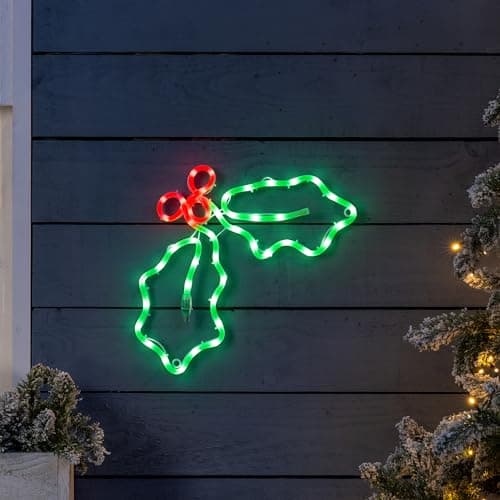 Image of Christow Holly Berry Christmas Light Decoration, Energy Efficient LED Rope Light, Flashing Wall Window Silhouette, Indoor Outdoor, Mains Operated (32cm x 45cm)
