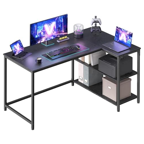 Image of VASAGLE L Shaped Corner Desk, Computer Gaming Desk with Storage, Reversible Height-Adjustable Shelves, for Home Office, 120 x 80 cm, Ebony Black LWD136BE01